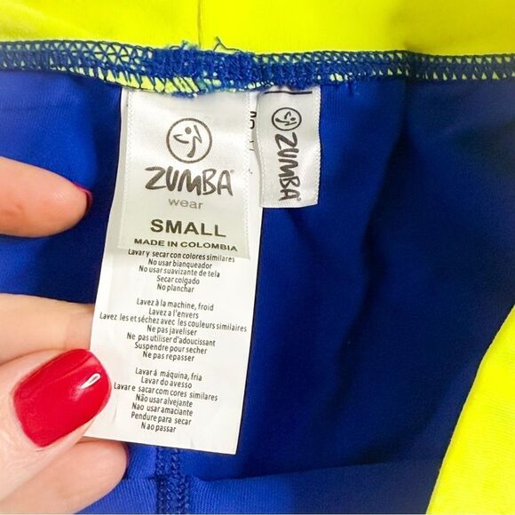 Zumba NWT! Women’s Galaxy Leggings Surf Blue & Neon Yellow Waistband Size Small - Picture 5 of 7